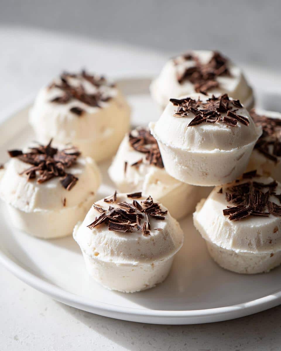 A stack of white Keto Cream Cheese Fat Bombs topped with dark chocolate shavings on a white plate.