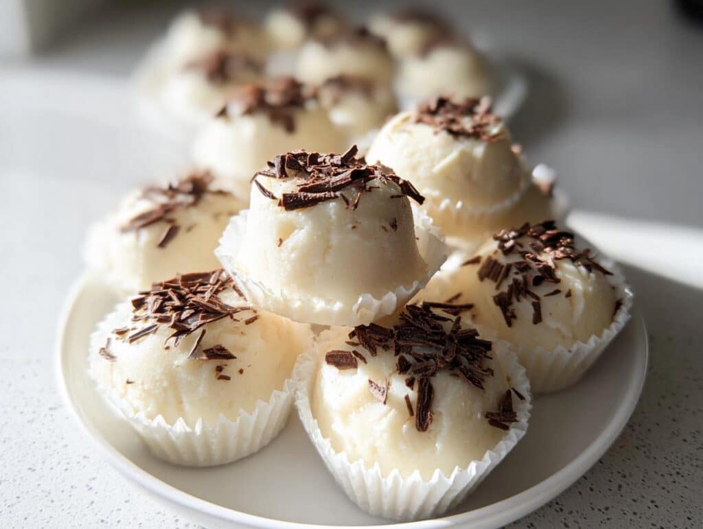 A stack of white Keto Cream Cheese Fat Bombs topped with dark chocolate shavings, presented on a white plate.