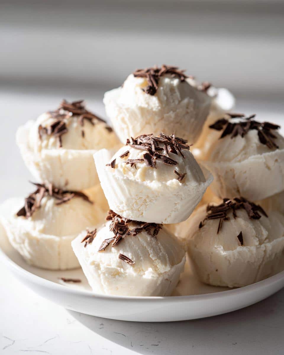 Stack of white Keto Cream Cheese Fat Bombs topped with dark chocolate shavings on a white plate.