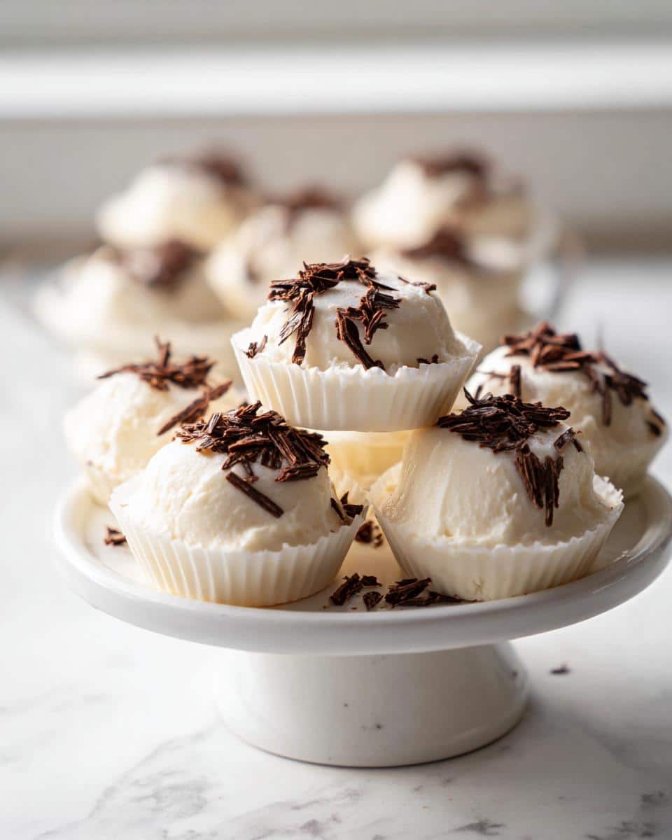 Several white Keto Cream Cheese Fat Bombs topped with dark chocolate shavings, displayed on a small white pedestal.