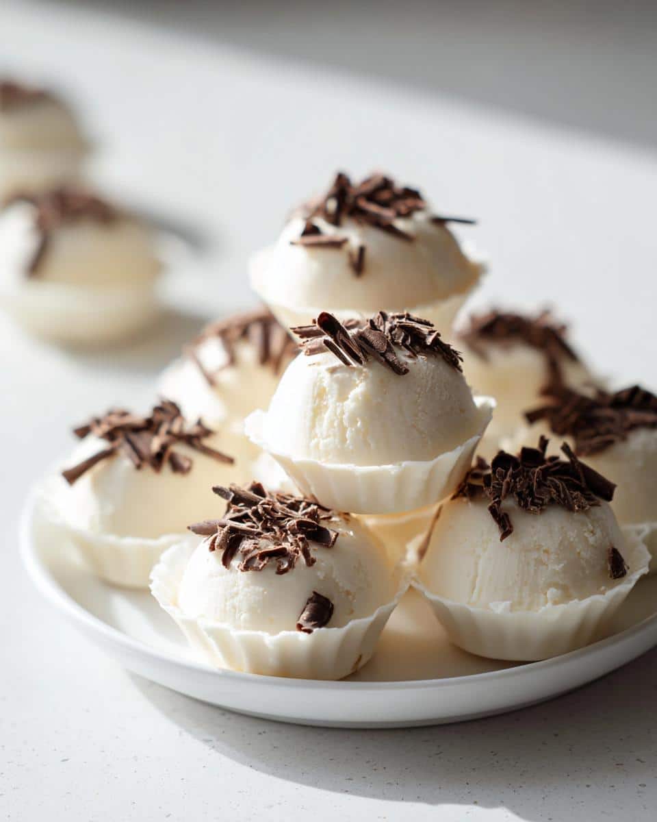 A plate of white Keto Cream Cheese Fat Bombs topped with dark chocolate shavings.