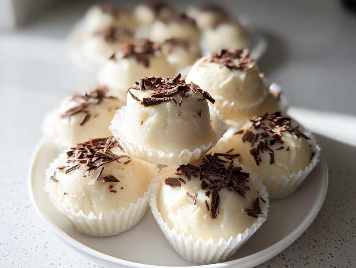 A stack of white Keto Cream Cheese Fat Bombs topped with dark chocolate shavings, presented on a white plate.