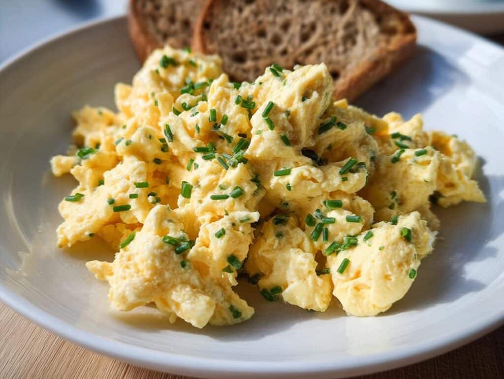 Fluffy Keto Cream Cheese Scrambled Eggs topped with fresh chopped green chives on a white plate.