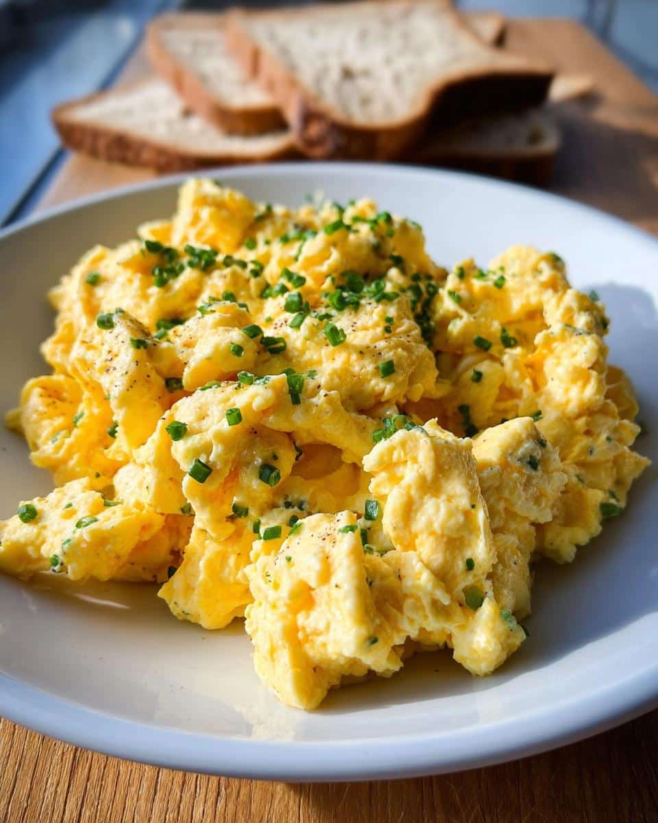 A plate of fluffy Keto Cream Cheese Scrambled Eggs topped generously with fresh chopped chives.