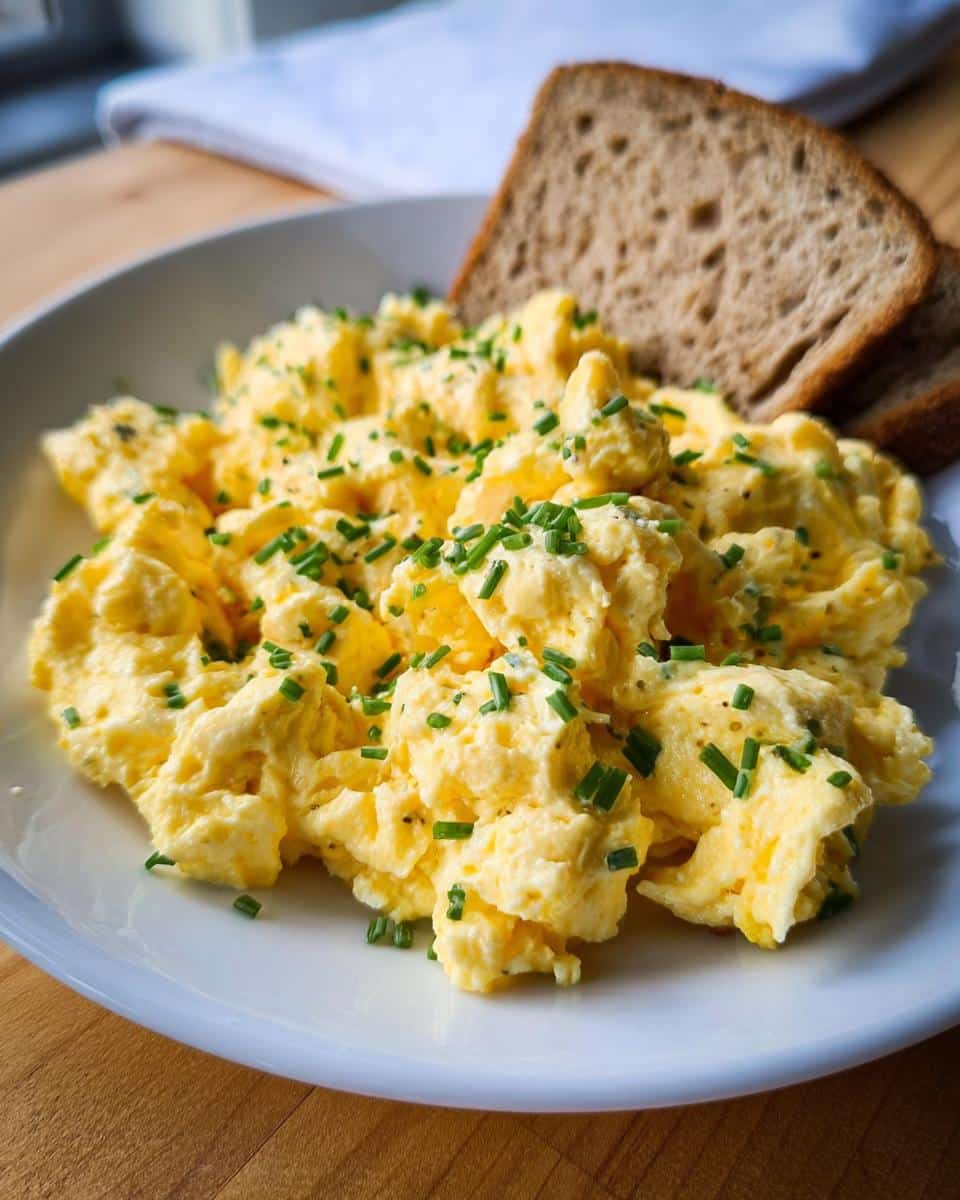Fluffy Keto Cream Cheese Scrambled Eggs topped with fresh chopped chives on a white plate.
