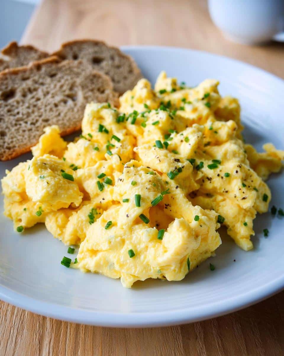 Fluffy Keto Cream Cheese Scrambled Eggs topped with fresh chopped chives and black pepper.