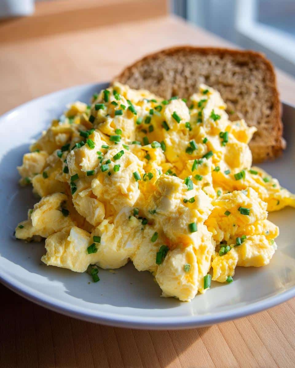 A plate of fluffy Keto Cream Cheese Scrambled Eggs topped with fresh green chives, served next to a slice of whole-grain toast.