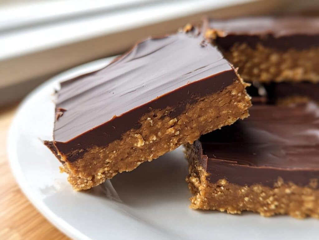 A close-up of a rich, layered Keto Peanut Butter Breakfast Bar with a thick chocolate topping.