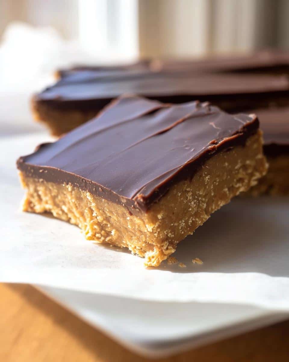 A single square of a thick Keto Peanut Butter Breakfast Bars, topped with a smooth layer of dark chocolate.
