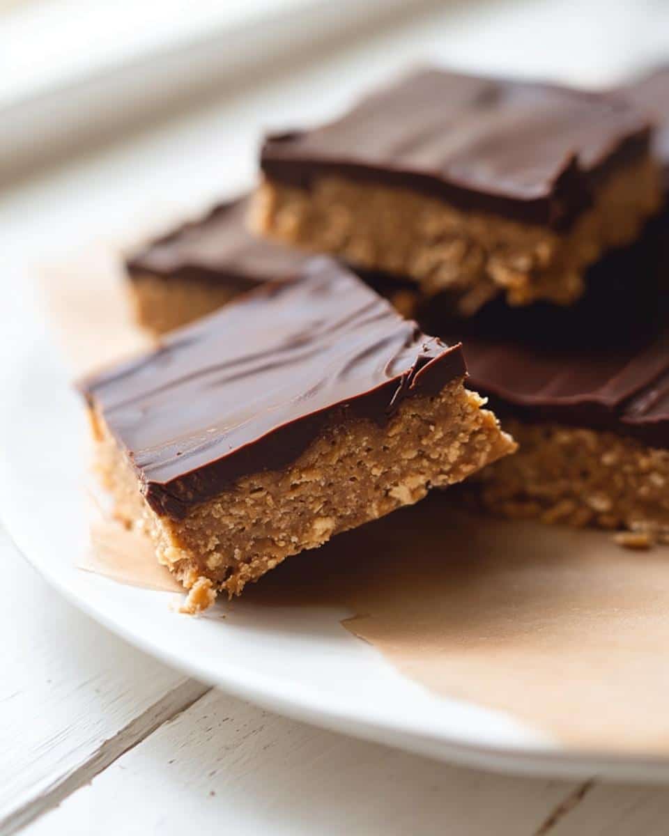 A close-up of a stack of Keto Peanut Butter Breakfast Bars topped with a thick layer of melted chocolate.