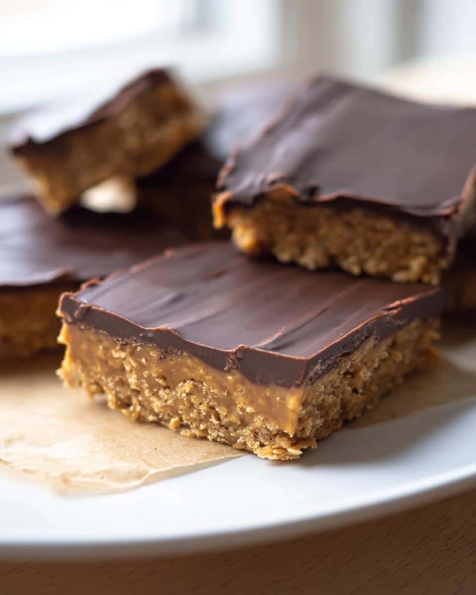 A close-up of a rich Keto Peanut Butter Breakfast Bar with a thick chocolate topping.