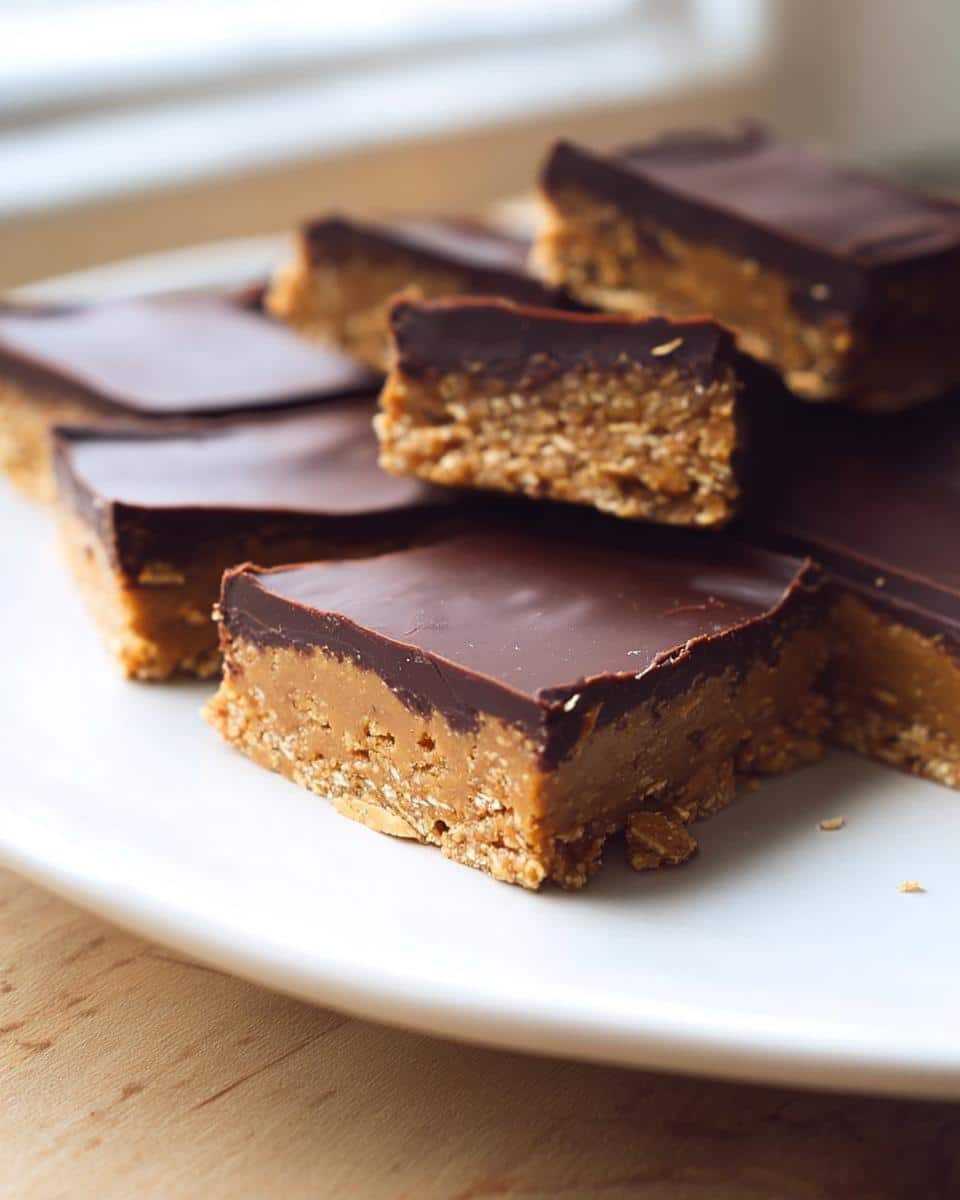 A stack of rich Keto Peanut Butter Breakfast Bars topped with a smooth chocolate layer on a white plate.