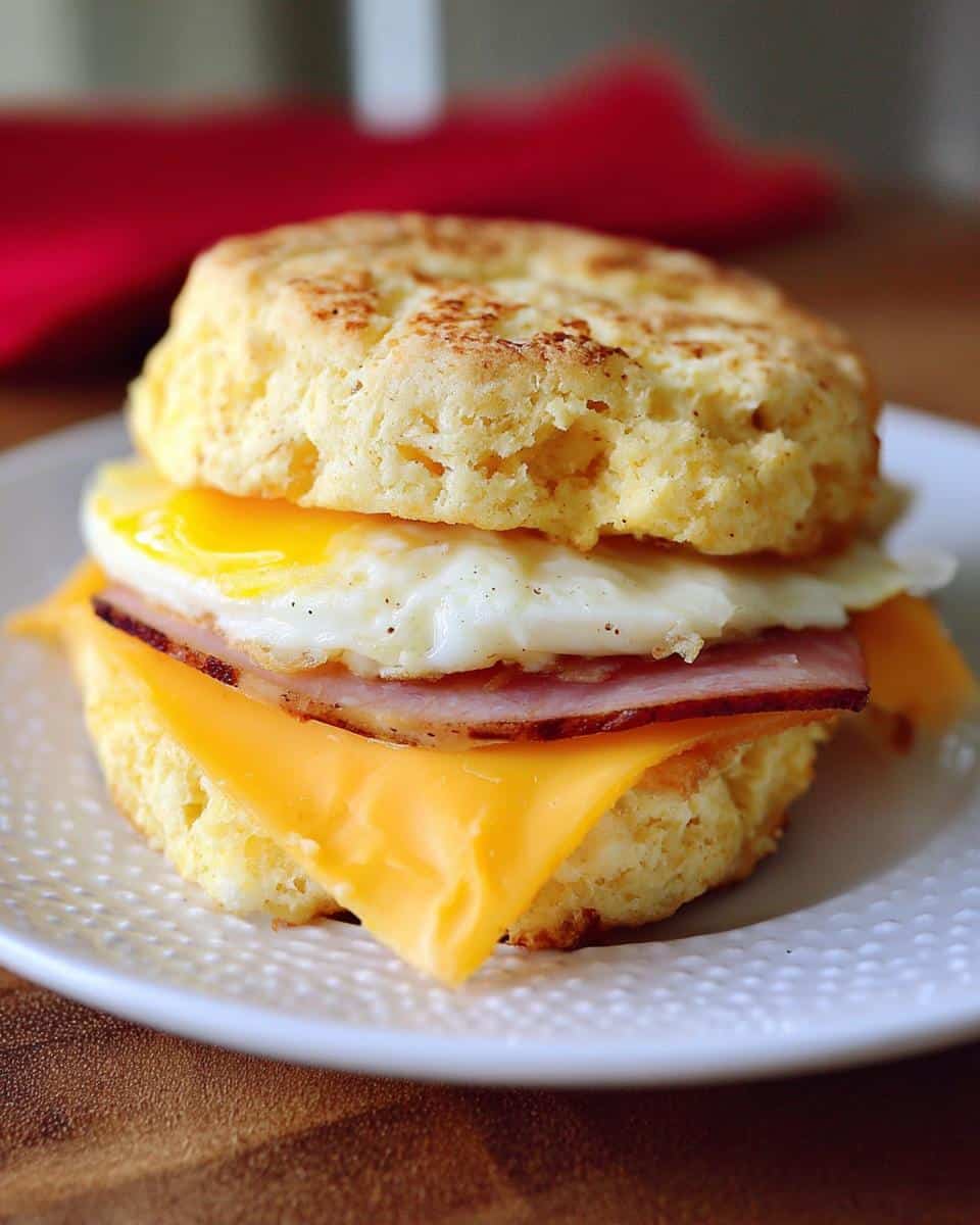 A delicious Keto Savory Biscuit Sandwich featuring a fluffy biscuit, fried egg, ham, and melted cheddar cheese.