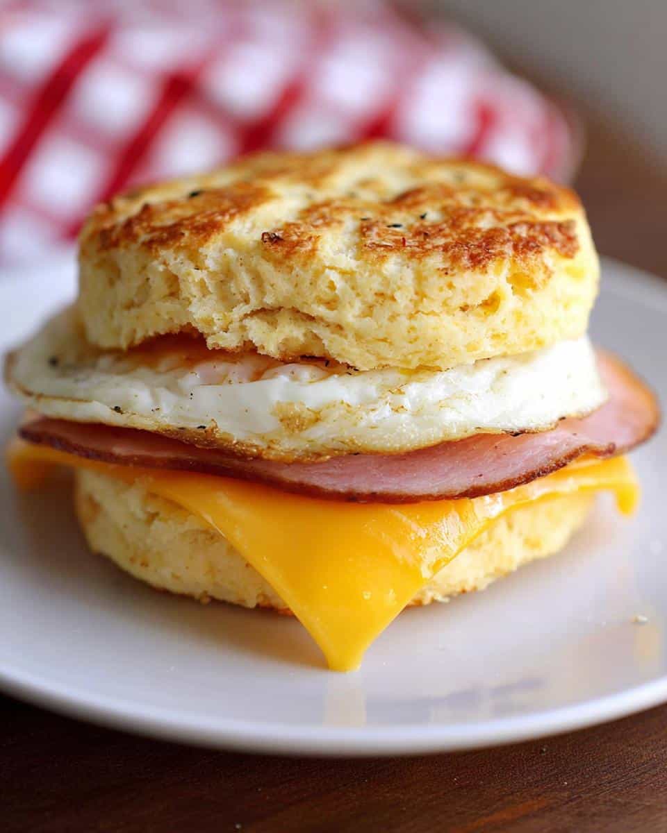 Close-up of a Keto Savory Biscuit Sandwich with a fried egg, ham, and melting cheddar cheese.