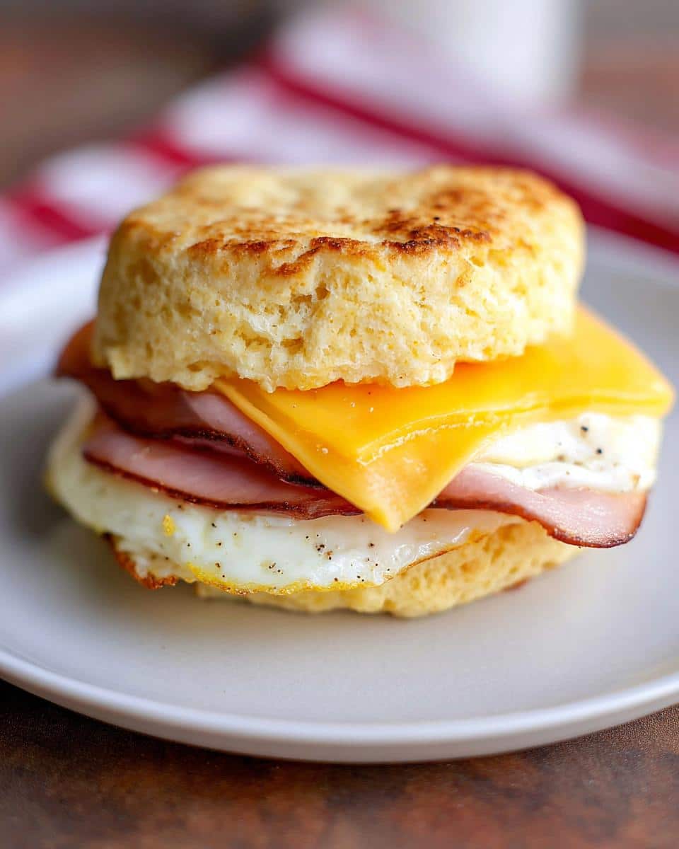 A close-up of a Keto Savory Biscuit Sandwich featuring a fried egg, ham, and melted cheddar cheese.