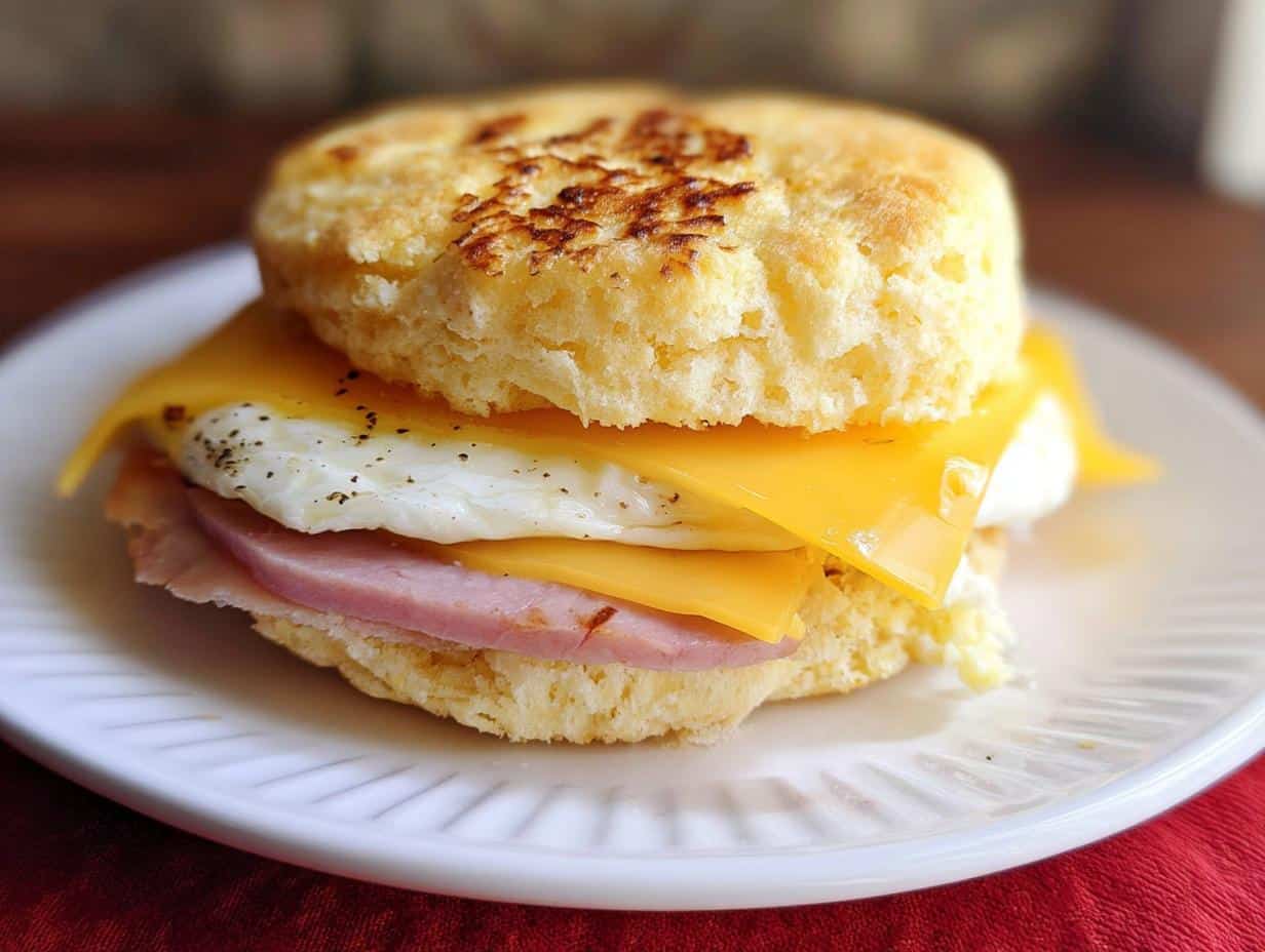 Close-up of a Keto Savory Biscuit Sandwich featuring ham, fried egg, and melted cheddar cheese.