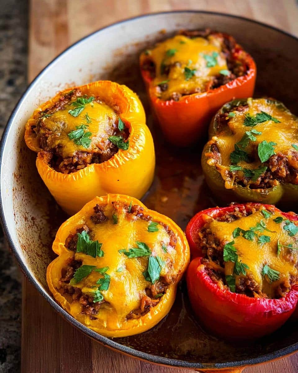 Four colorful Keto Stuffed Bell Peppers filled with seasoned meat and melted cheese, garnished with parsley.