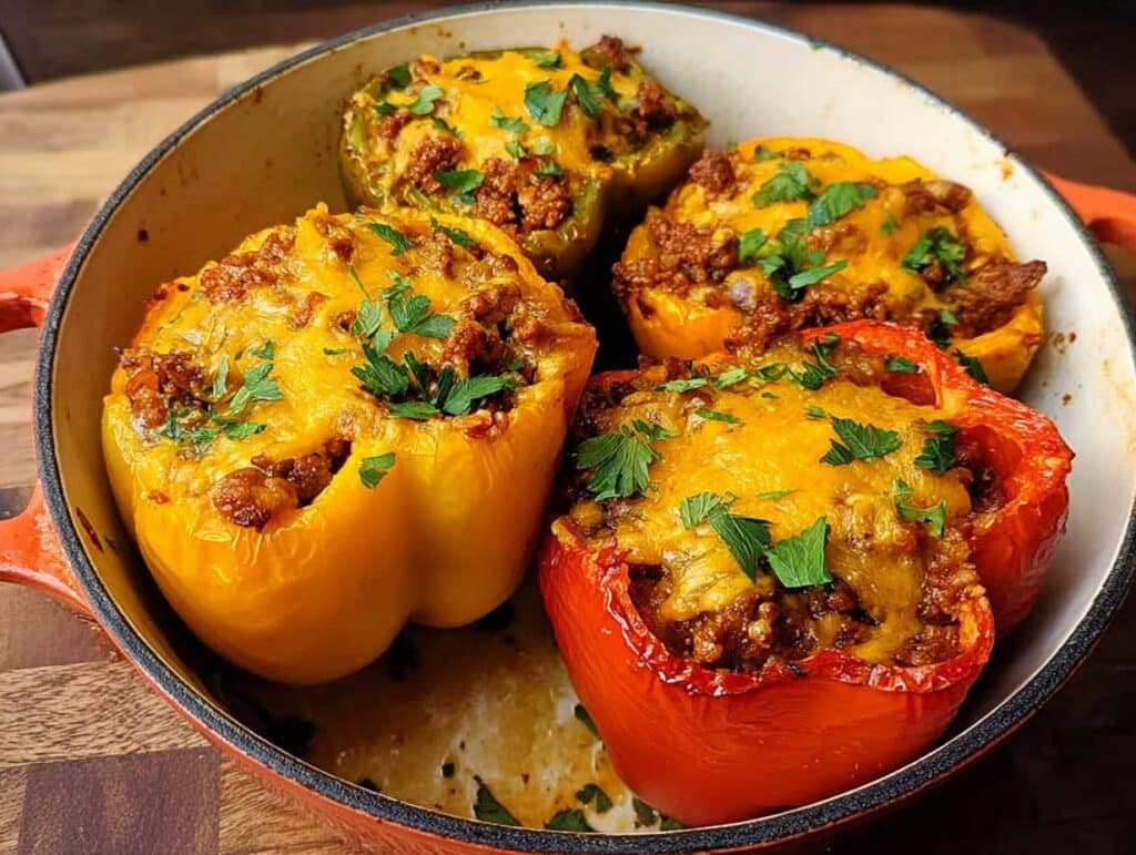 Four colorful Keto Stuffed Bell Peppers baked in a skillet, topped with melted cheddar cheese and fresh parsley.