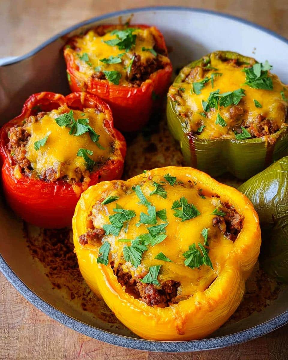 Four baked Keto Stuffed Bell Peppers (red, yellow, green) topped with melted cheddar cheese and fresh parsley.