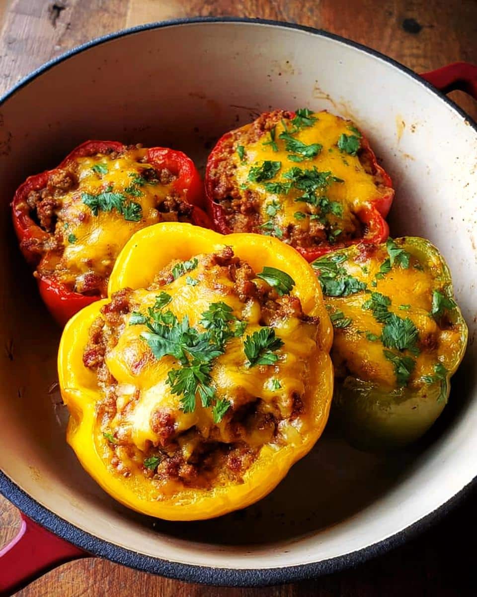 Four colorful Keto Stuffed Bell Peppers baked in a skillet, topped with melted cheddar cheese and fresh parsley.