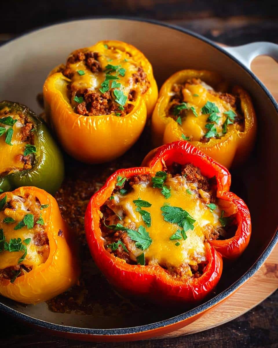 Five colorful Keto Stuffed Bell Peppers filled with seasoned meat and melted cheese, garnished with parsley.