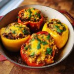 Four colorful Keto Stuffed Bell Peppers baked in a dish, topped with melted cheddar cheese and fresh parsley.