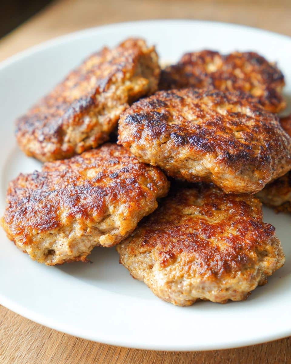 Close-up of several perfectly browned Keto Turkey Breakfast Patties stacked on a white plate.