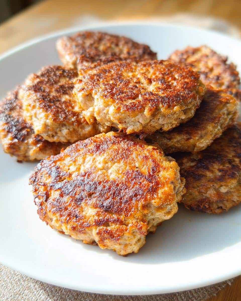 A stack of perfectly browned Keto Turkey Breakfast Patties resting on a white plate under bright light.
