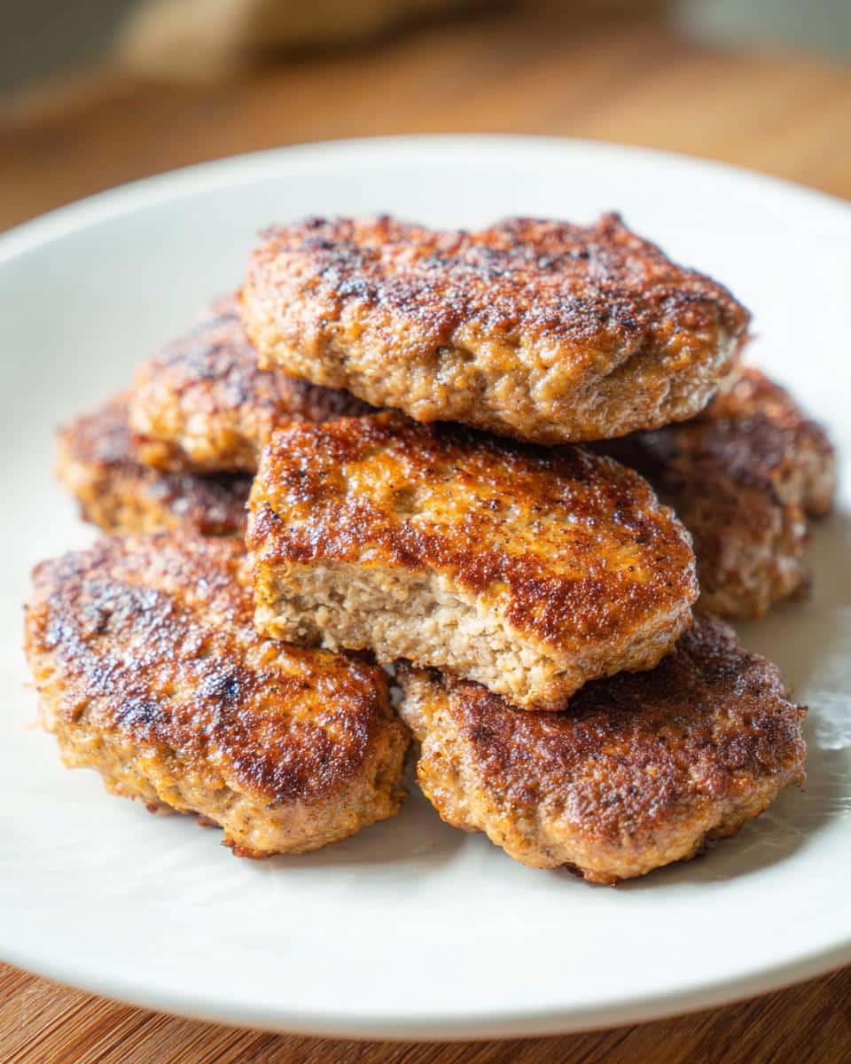 A stack of golden-brown, pan-seared Keto Turkey Breakfast Patties on a white plate, one is broken open.