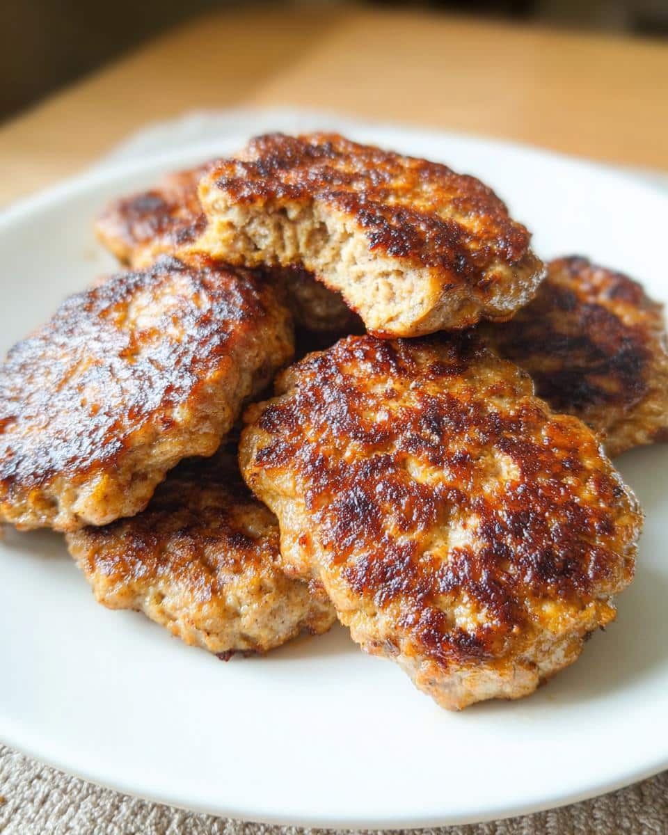 A close-up stack of golden-brown, perfectly seared Keto Turkey Breakfast Patties on a white plate.