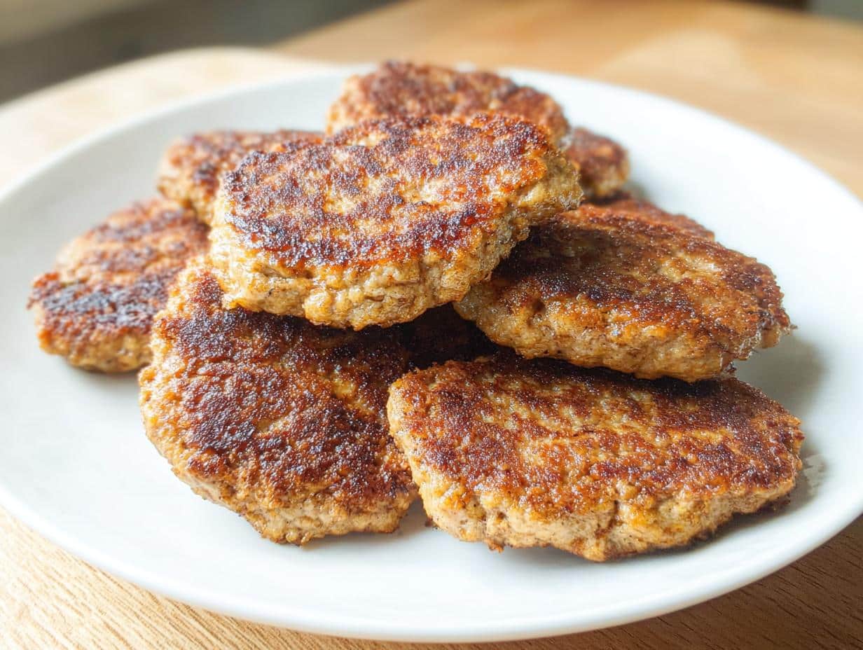 A stack of perfectly browned Keto Turkey Breakfast Patties served on a white plate.