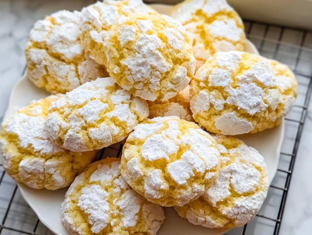 A close-up of several bright yellow Lemon Crinkle Cookies heavily dusted with white powdered sugar, piled on a white plate.