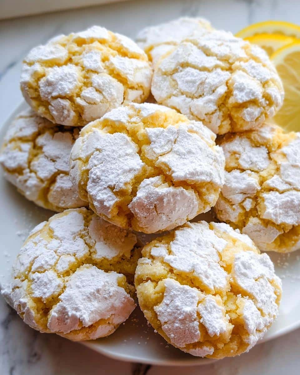 A close-up stack of bright yellow Lemon Crinkle Cookies heavily dusted with white powdered sugar.