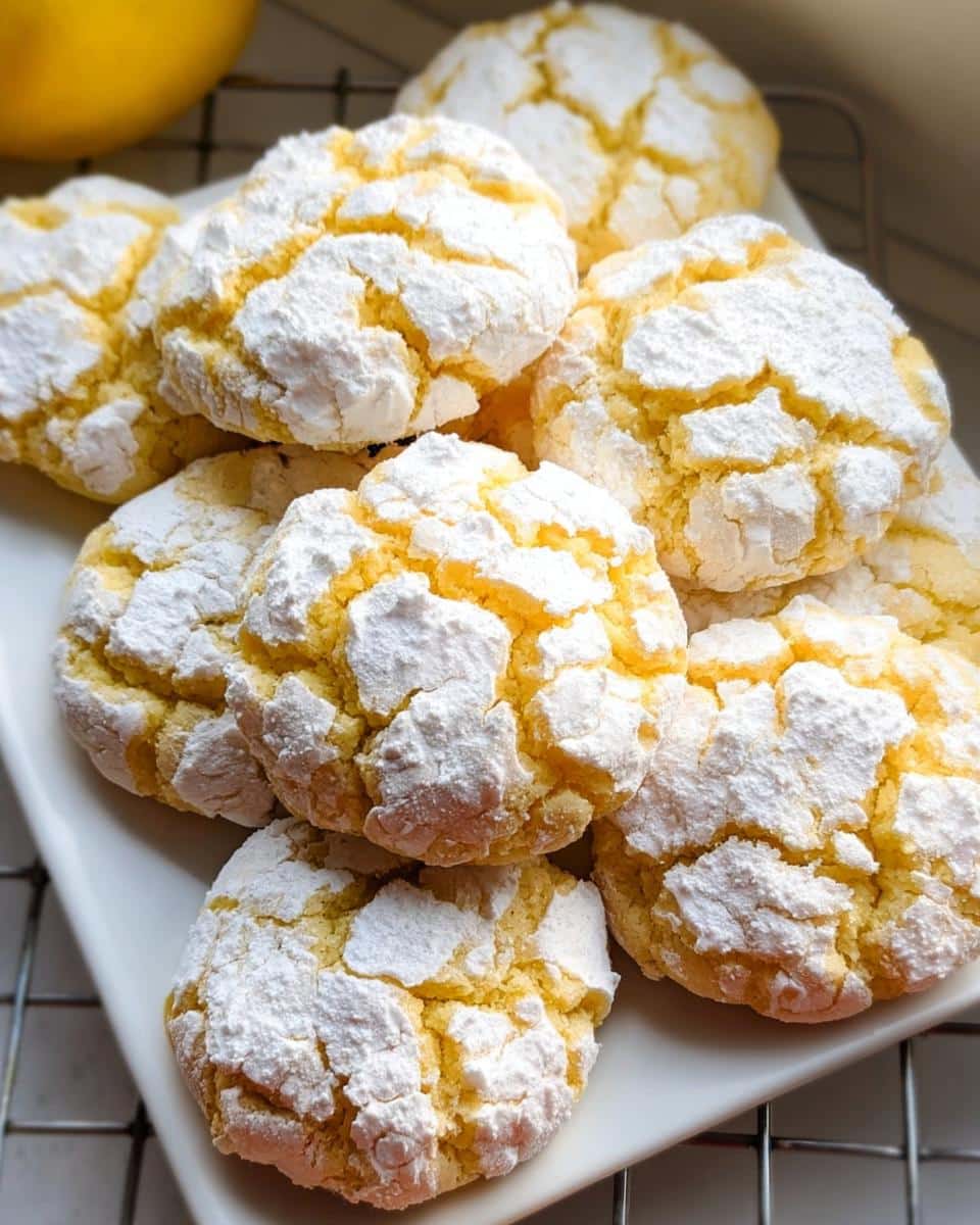 Close-up of several bright yellow Lemon Crinkle Cookies heavily coated in white powdered sugar, piled on a white plate.