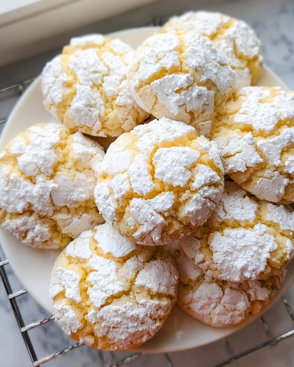 A close-up view of several bright yellow Lemon Crinkle Cookies heavily dusted with white powdered sugar on a white plate.