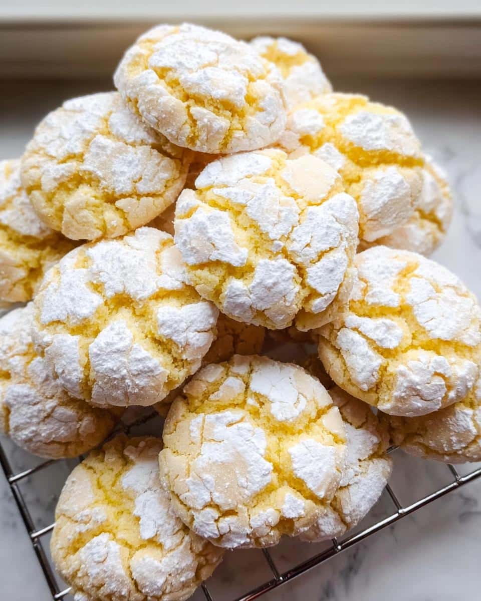 A close-up stack of bright yellow Lemon Crinkle Cookies heavily dusted with white powdered sugar.