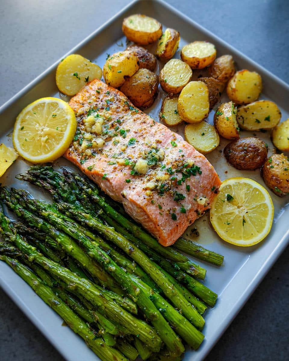 A baked fillet of Lemon Garlic Salmon with roasted asparagus and small roasted potatoes on a sheet pan.
