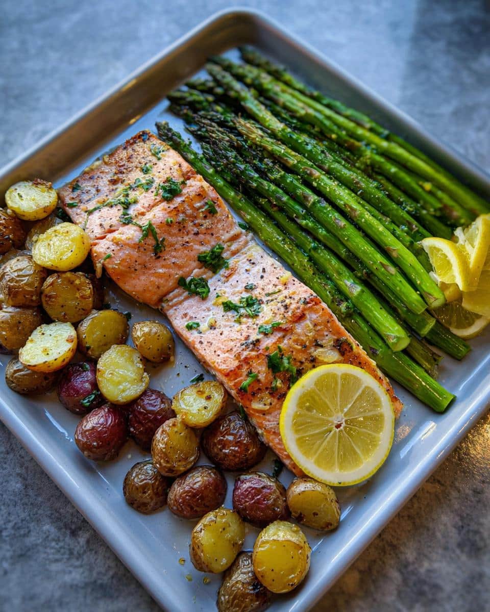 Sheet pan of Lemon Garlic Salmon with asparagus spears and roasted baby potatoes.
