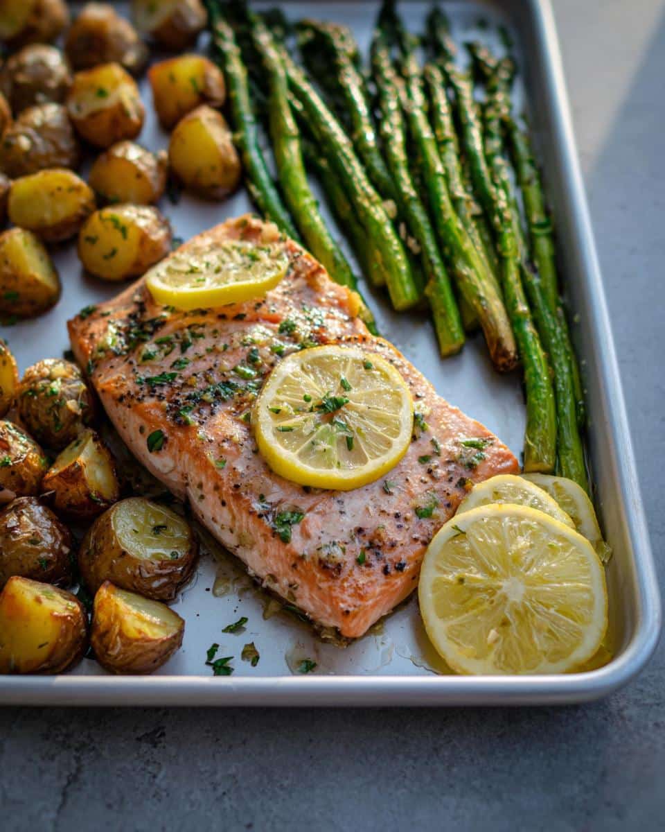 A perfectly cooked fillet of Lemon Garlic Salmon with Asparagus and roasted potatoes on a sheet pan.