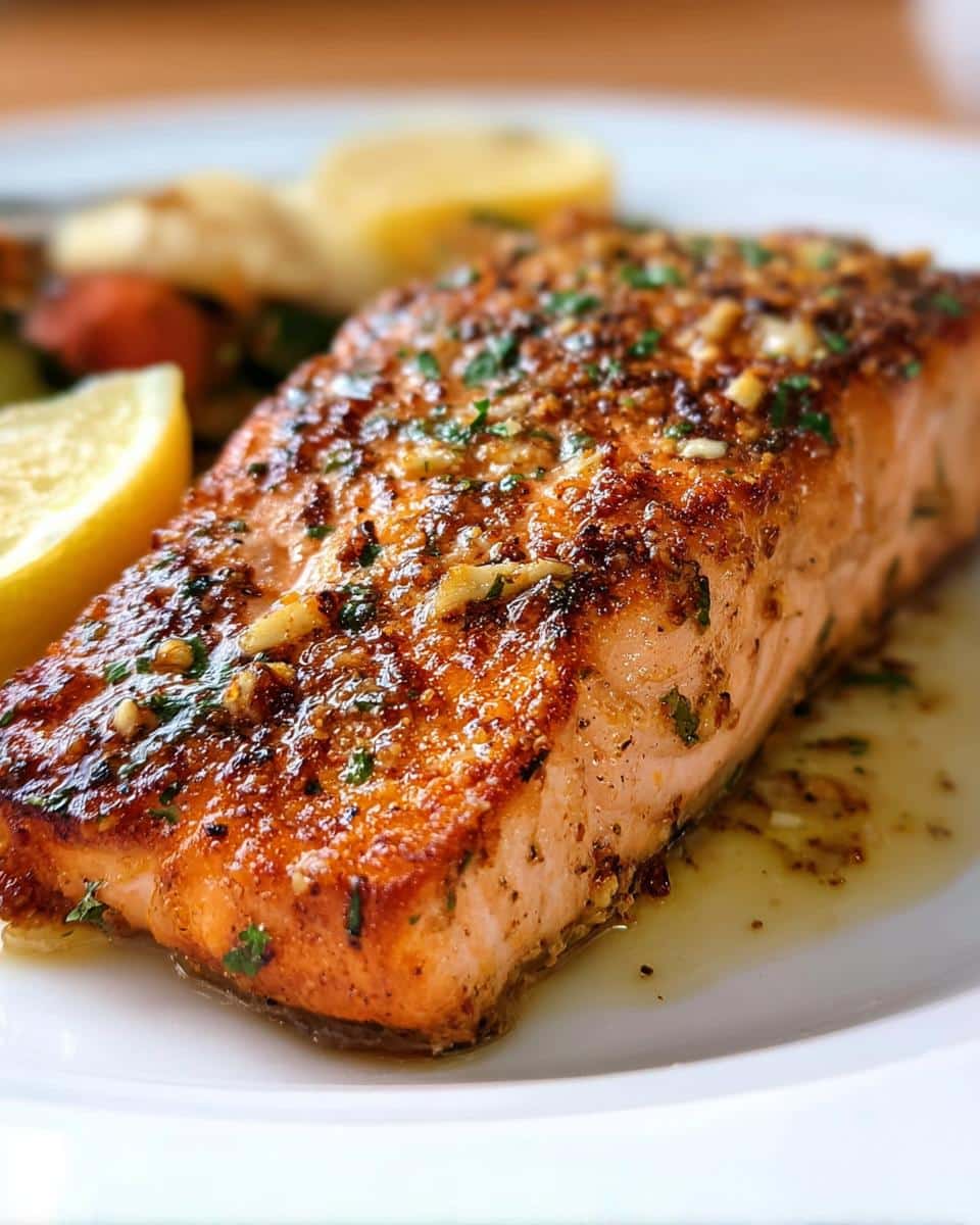 Close-up of a perfectly seared Lemon Garlic Salmon fillet topped with herbs and garlic, resting in sauce.