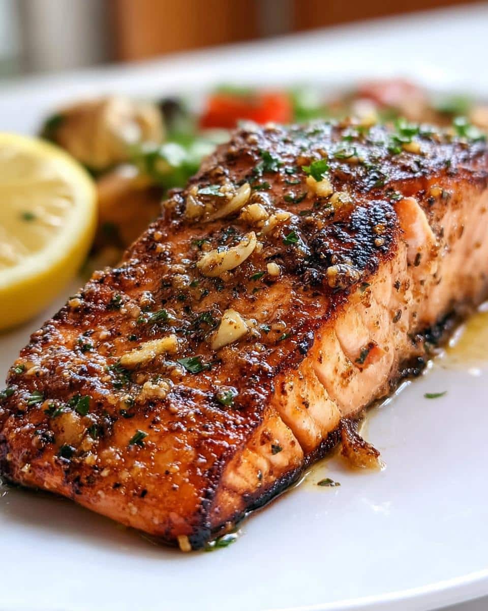 Close-up of a pan-seared Lemon Garlic Salmon fillet topped with minced garlic and herbs.