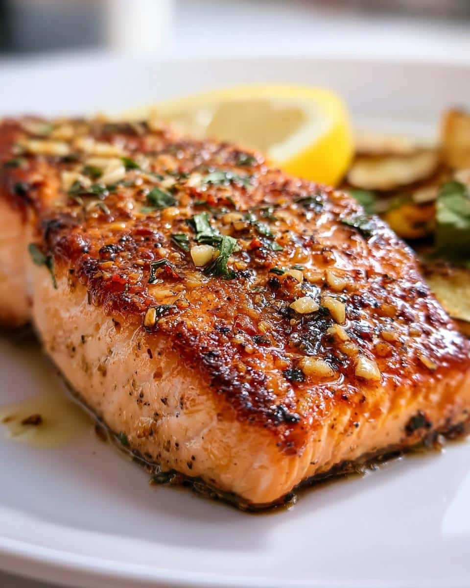 Close-up of a beautifully seared Lemon Garlic Salmon fillet topped with minced garlic and herbs, served with a lemon wedge.