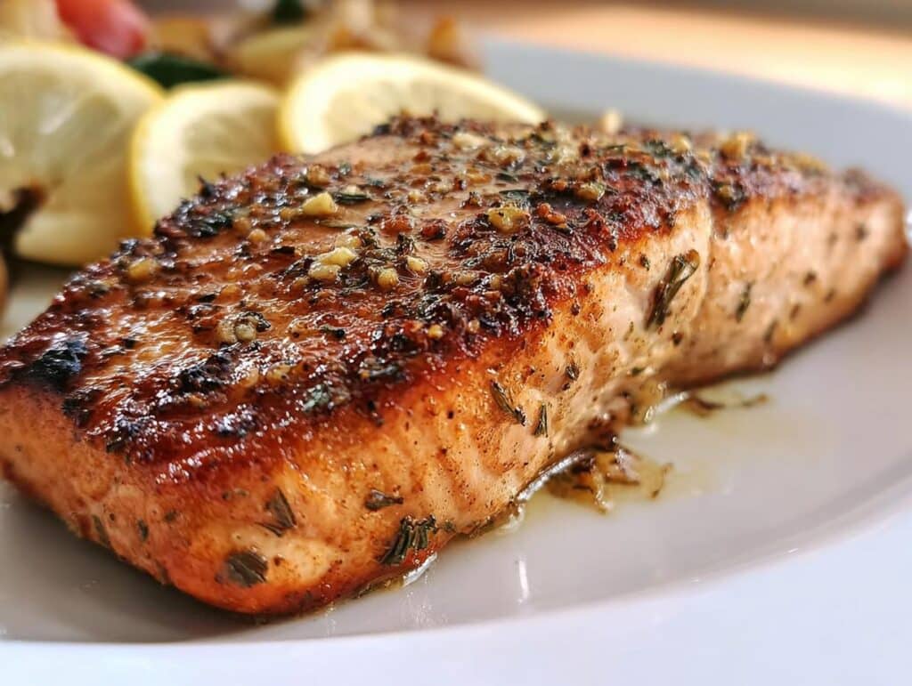 Close-up of a beautifully seared fillet of Lemon Garlic Salmon topped with herbs and minced garlic.