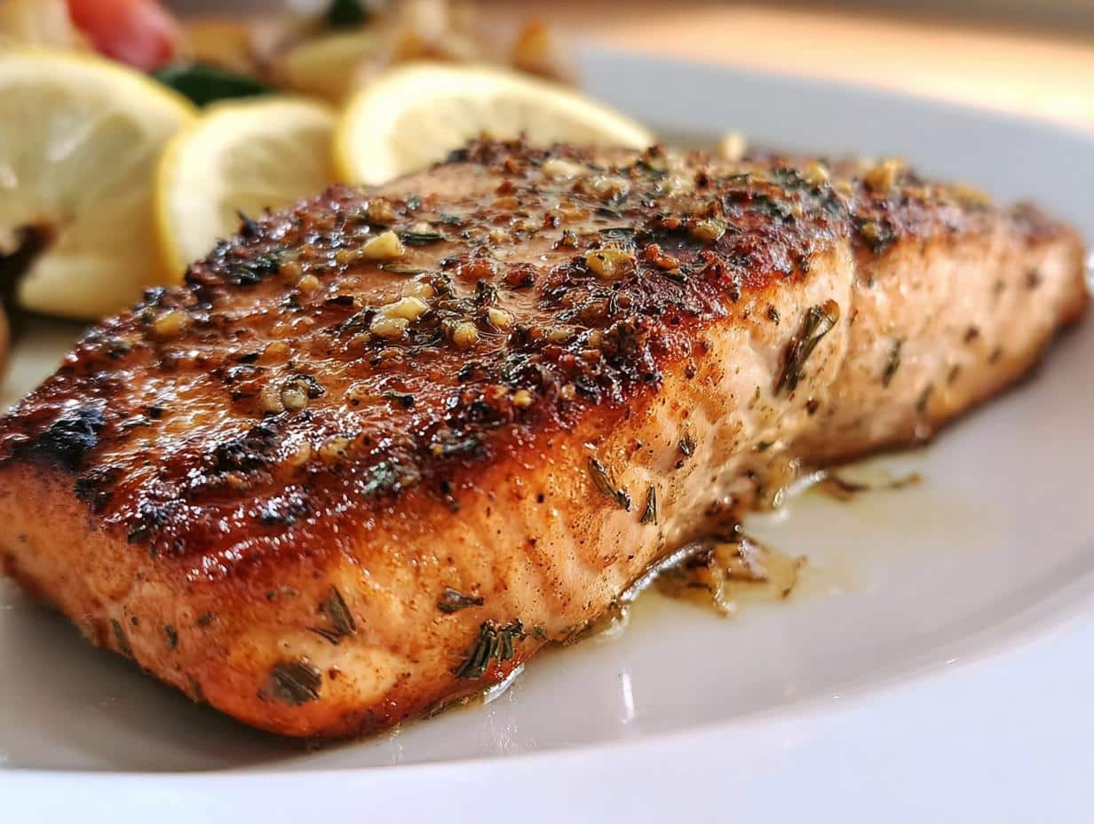 Close-up of a beautifully seared fillet of Lemon Garlic Salmon topped with herbs and minced garlic.