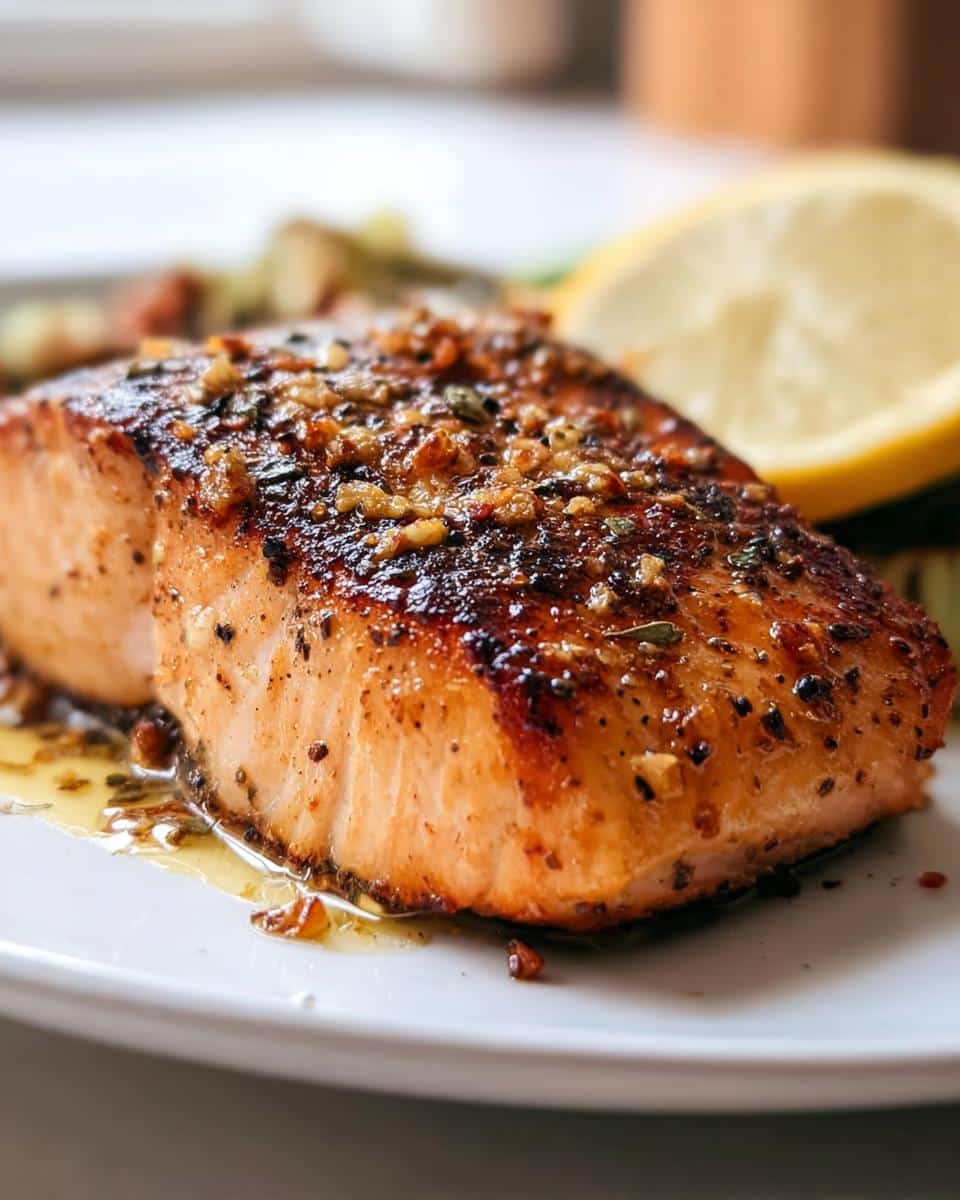 Close-up of a perfectly seared Lemon Garlic Salmon fillet topped with herbs and garlic, served with a lemon wedge.