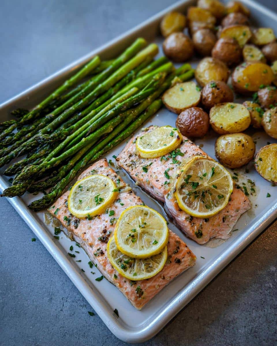 Two fillets of Lemon Garlic Salmon topped with lemon slices and herbs, served on a sheet pan with roasted asparagus and potatoes.