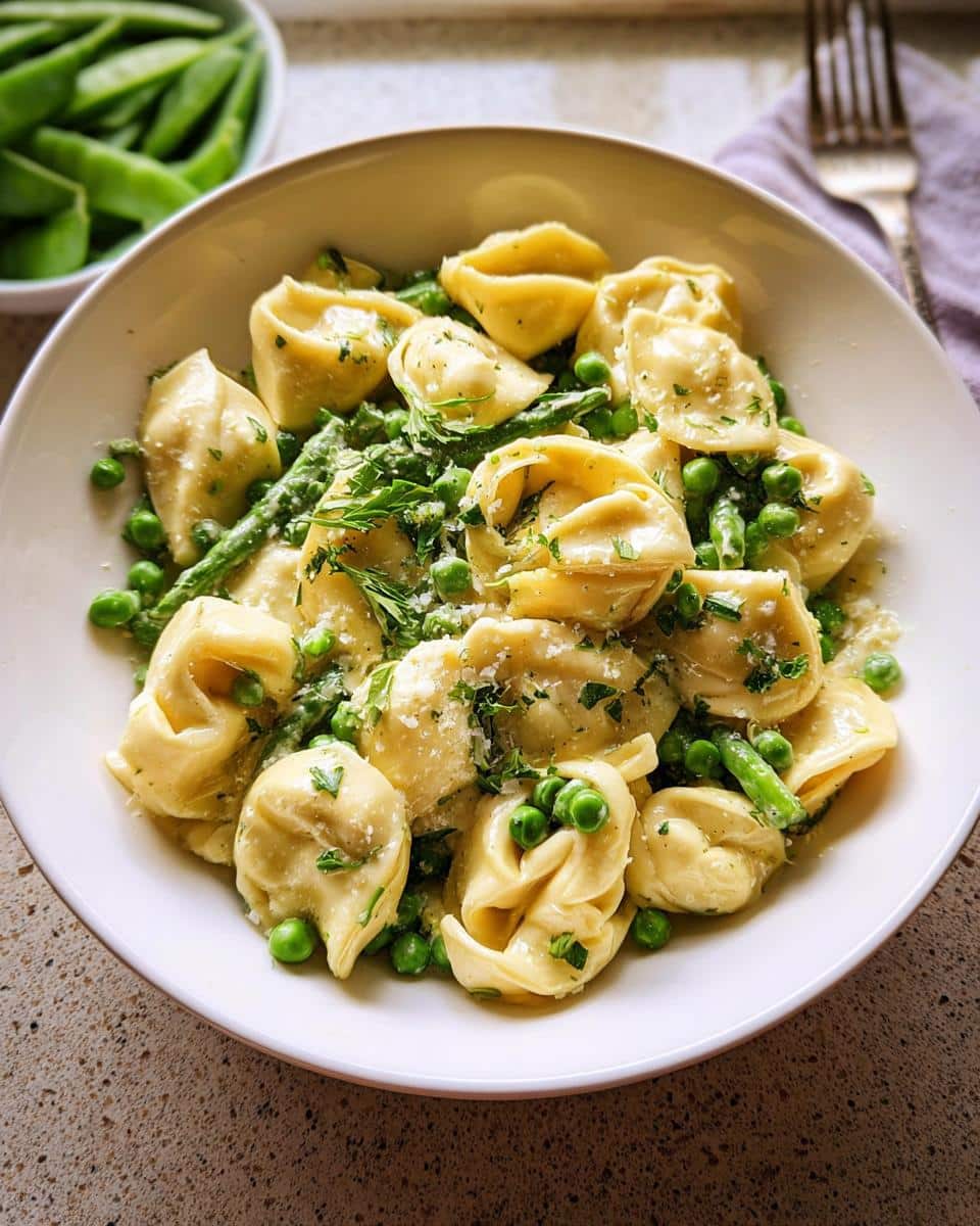 A close-up bowl of Lemon Garlic Tortellini with Peas, tossed in a light sauce and topped with herbs and Parmesan.