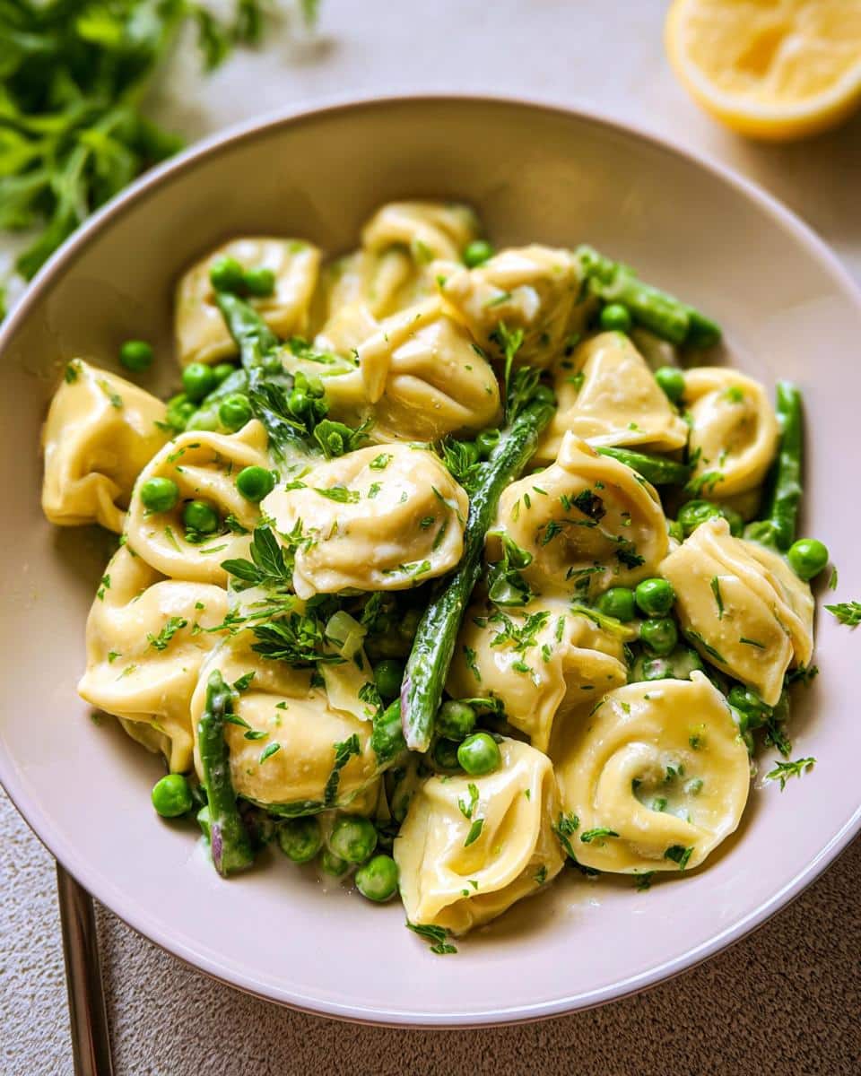 Close-up of a bowl of Lemon Garlic Tortellini with Peas, coated in a light sauce and garnished with fresh parsley.