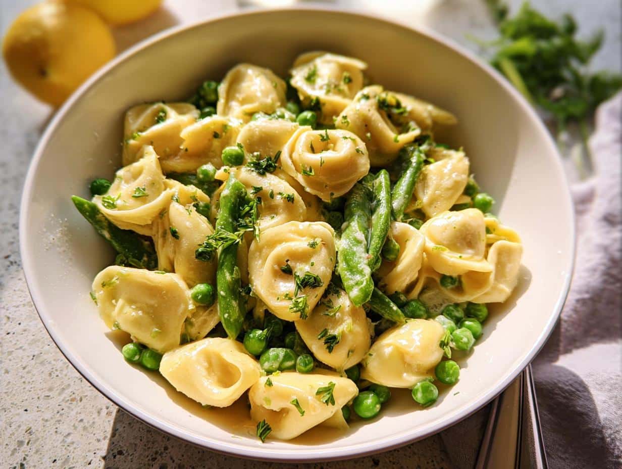A creamy bowl of Lemon Garlic Tortellini with Peas and fresh parsley garnish.
