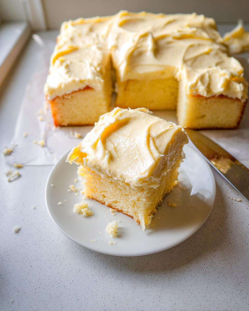 A square slice of moist Lemon Yogurt Sheet Cake topped with thick, pale yellow frosting on a white plate.